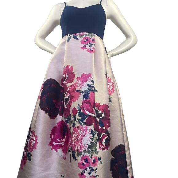 Nights By Teeze Me Strappy Velour Top Floral Bottom Gown Dress Navy Pinks 5/6 - Picture 2 of 16